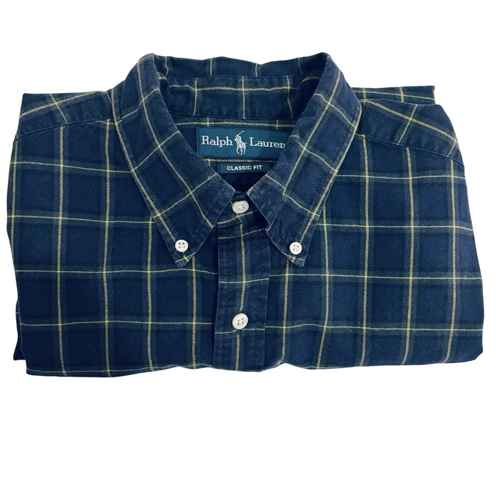 Ralph Lauren Button Down Shirt Mens L Navy Blue Plaid Windowpane Long Sleeve